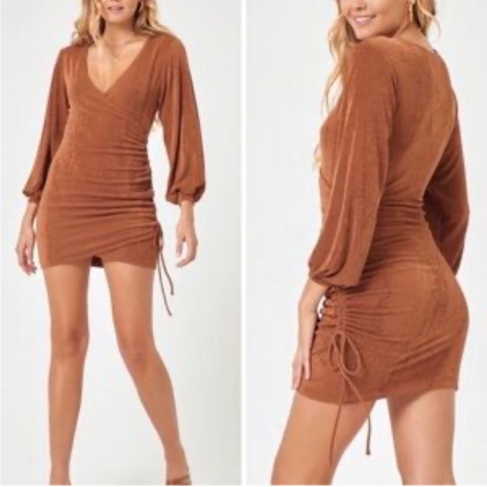 L*Space Melissa Ruched V-Neck Mini Dress‎ Bronze Sexy Club Going Out Size Small